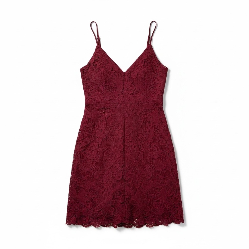 Lulus Lace Midi Dress Women XL Burgundy Excellent V-Neck Handkerchief Hem